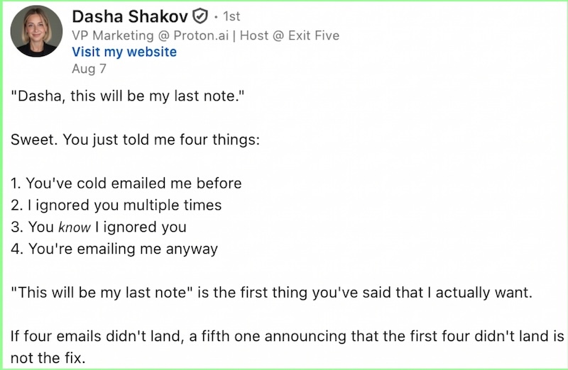 Dasha Shakov's LinkedIn post about 'this will be my last note' cold emails