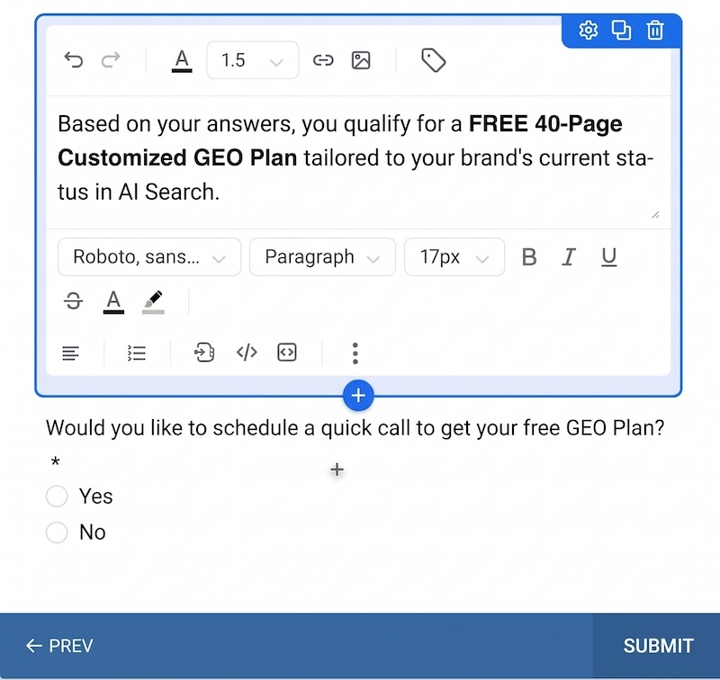 Survey offer for a free 40-page customized GEO plan with a yes or no option to schedule a call