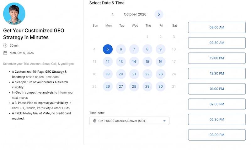 Booking page titled 'Get Your Customized GEO Strategy in Minutes' with a calendar and time slots
