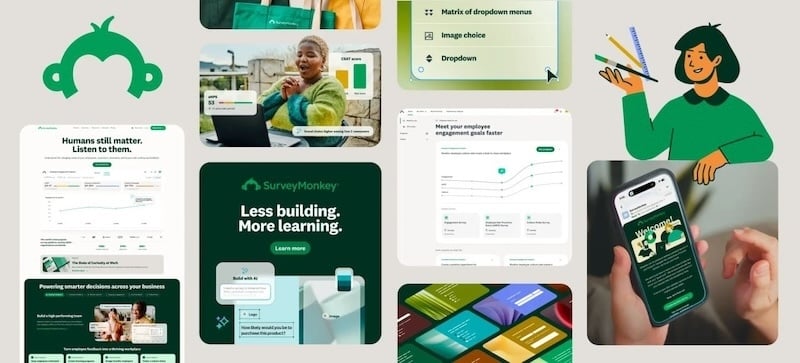 Why SurveyMonkey Brought The Monkey Back 1 Collage of refreshed SurveyMonkey creative including the monkey logo, the Humans still matter homepage, a Less building. More learning. ad, and an illustrated character