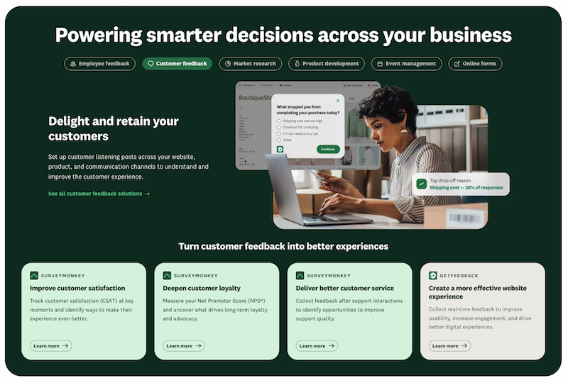 Why SurveyMonkey Brought The Monkey Back 3 SurveyMonkey homepage bento grid reading Powering smarter decisions across your business, with tabs for employee feedback, customer feedback, market research, and more