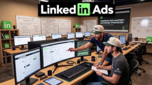 Two men discussing LinkedIn Ads strategies.