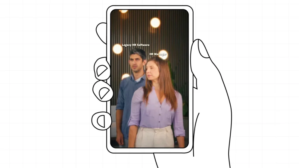 Person holding phone with two people