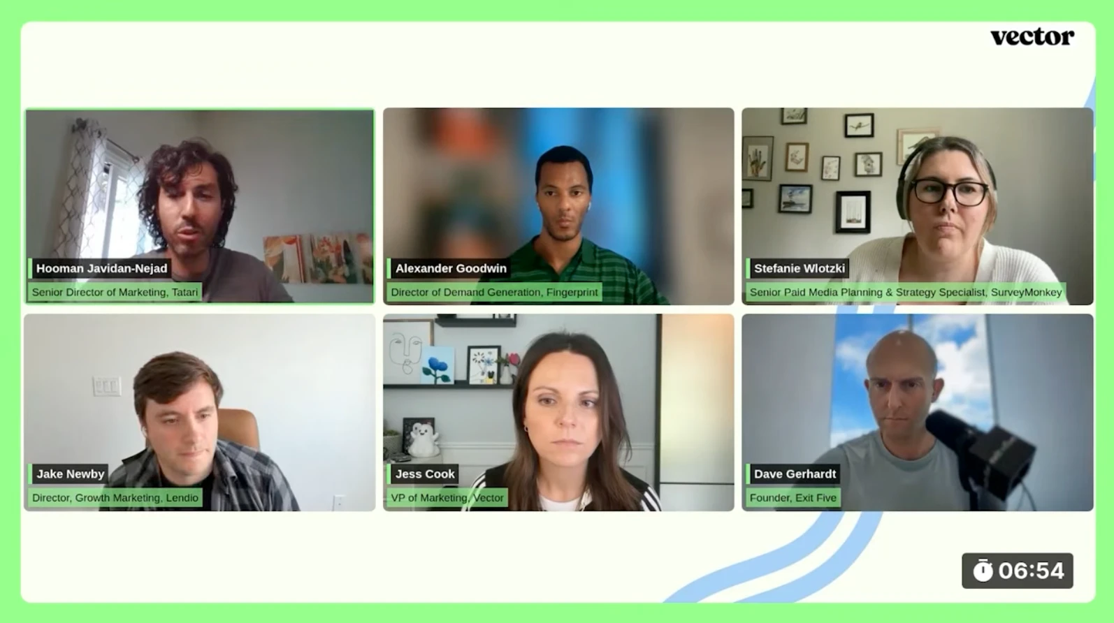 Six panelists on an Exit Five live session video call, including Dave Gerhardt