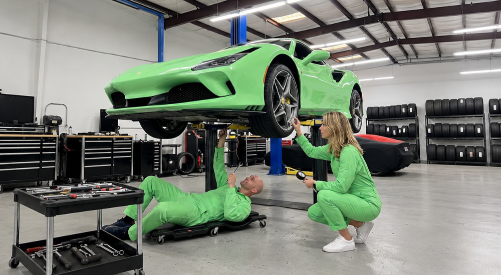 Green sports car being serviced indoors