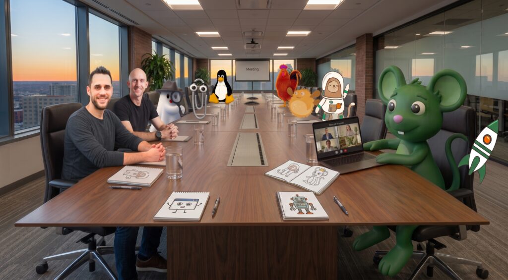 Cartoon characters in a meeting room
