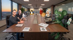 Cartoon characters in a meeting room