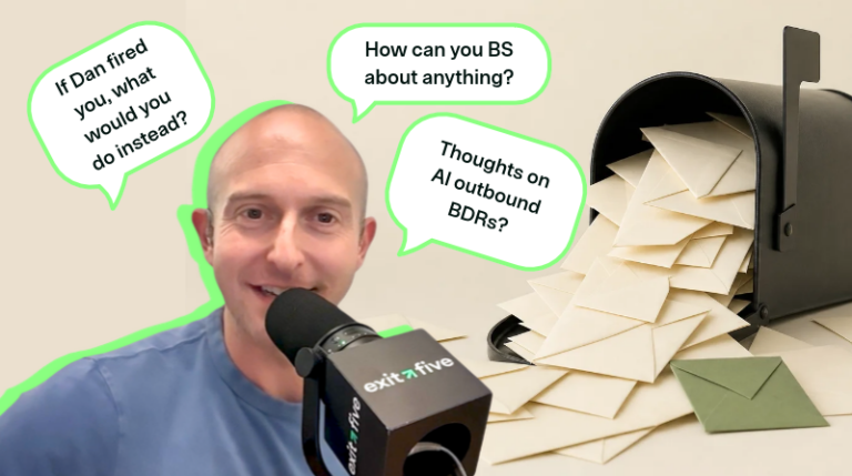 Dave Gerhardt at an Exit Five mic next to an overflowing mailbox of community questions