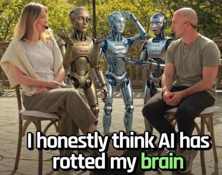 Dave and Dasha seated on stage surrounded by Claude, ChatGPT, and Gemini robots, with the caption I honestly think AI has rotted my brain