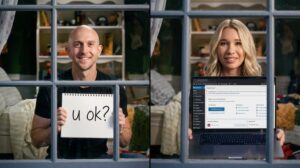 Dave holding a sign that says u ok and Chelsea holding a laptop showing a WordPress dashboard, each behind a window