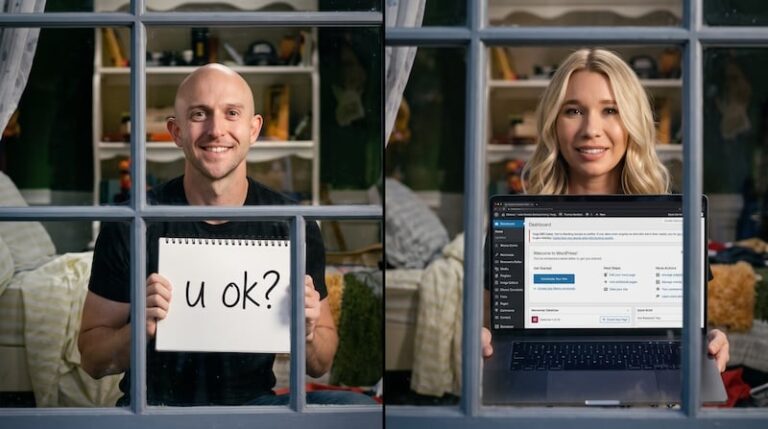 Dave holding a sign that says u ok and Chelsea holding a laptop showing a WordPress dashboard, each behind a window